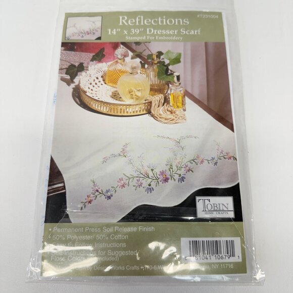 Tobin Reflections Dresser Scarf 14"x39" Stamped for Embroidery T231004 Floral - Picture 1 of 6